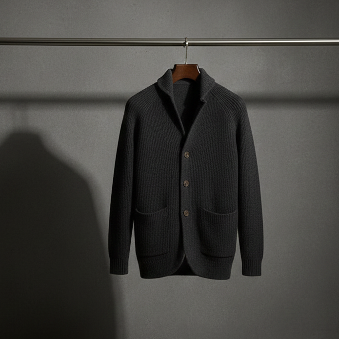 Wool cardigan showing ribbed cuffs and hem construction