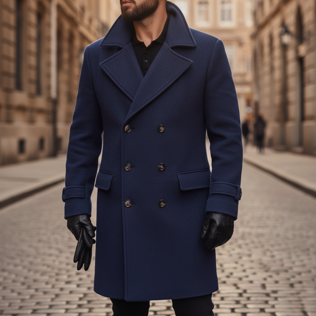 Wool double breasted coat with notched collar and structured fit for men