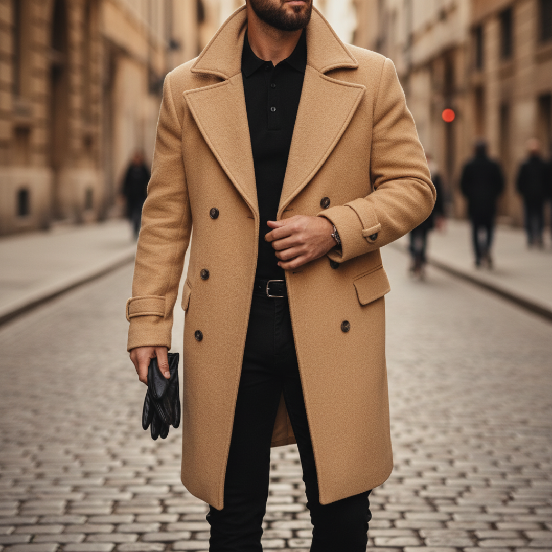 Wool coat with double button closure and regular fit shown from front