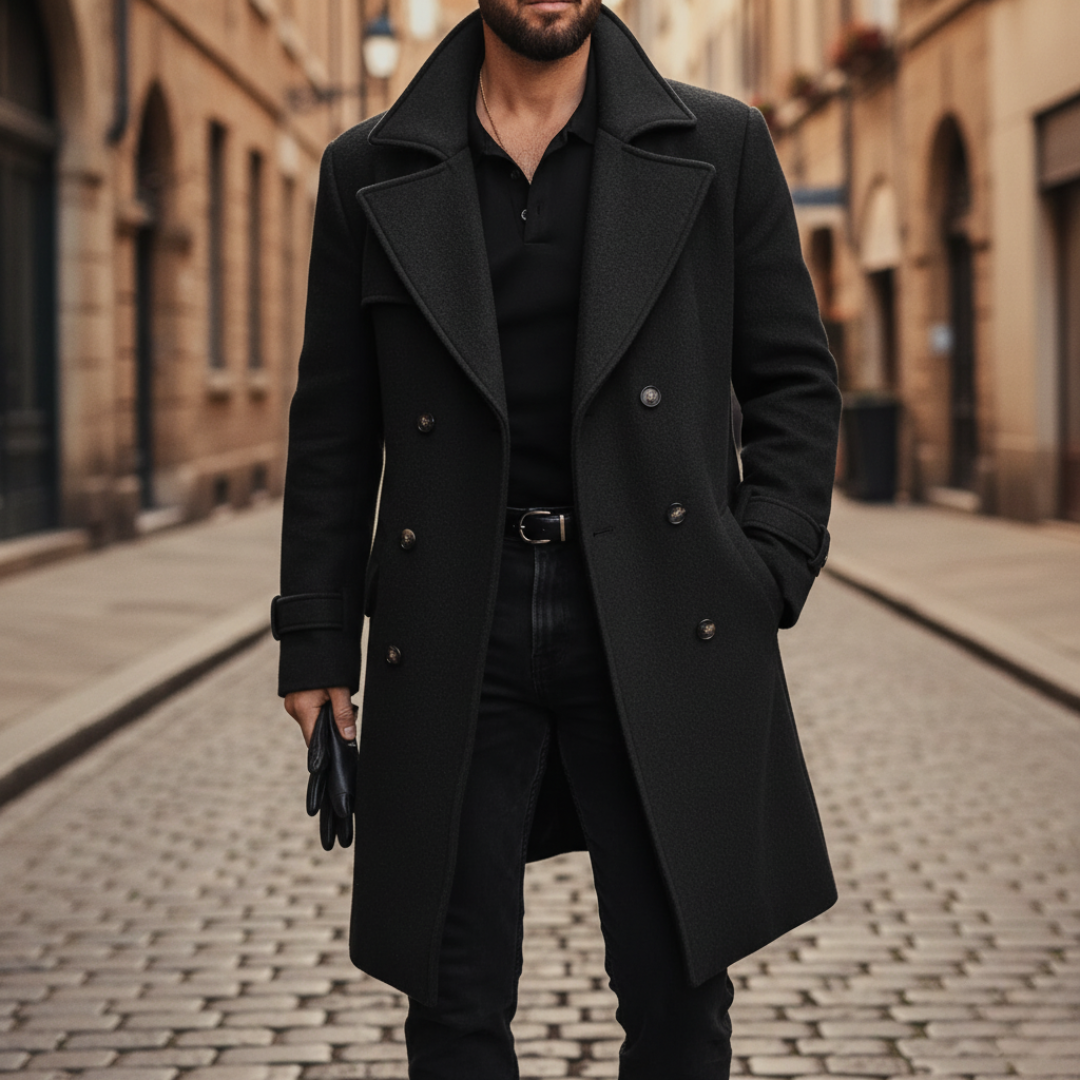 Structured wool coat with notched lapels and front flap pockets for men