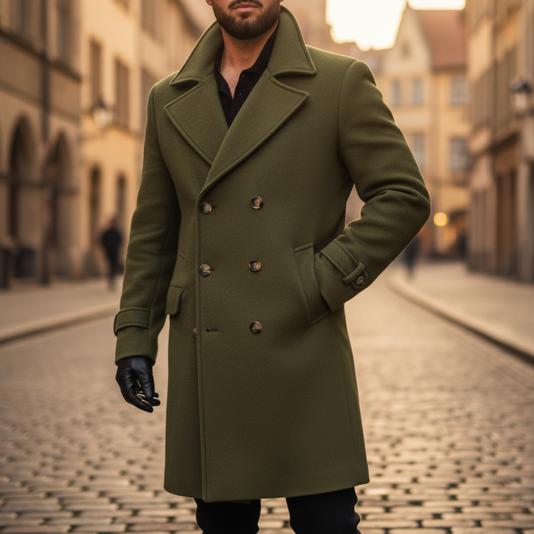 Wool coat with double breasted closure shown from rear view