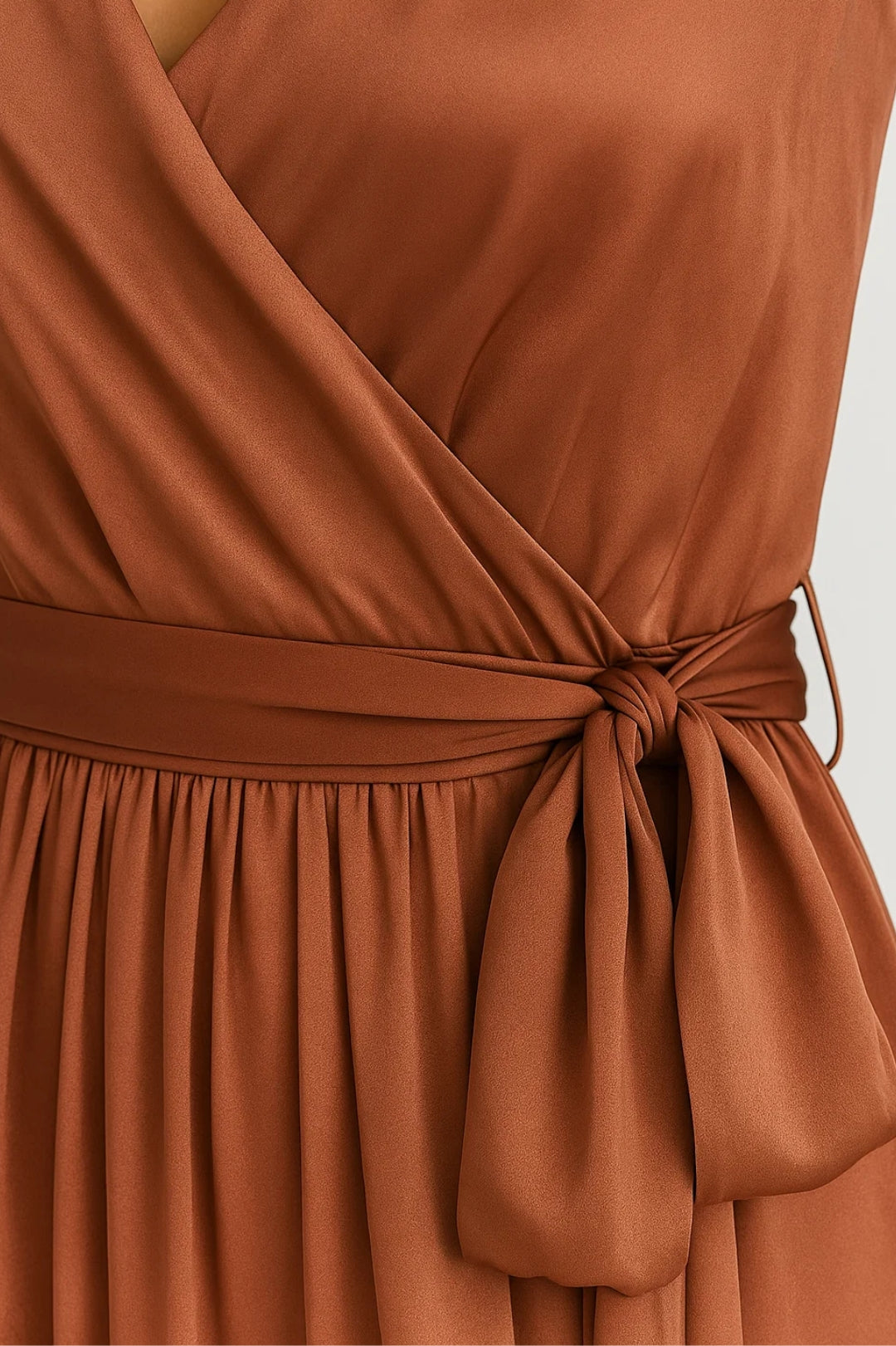 Angled front view of sleeveless wrap dress