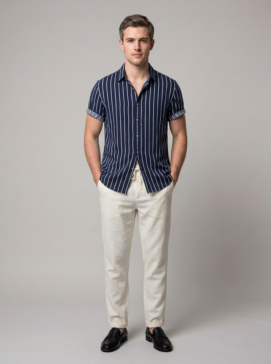 Printed shirt and trousers for holiday styling
