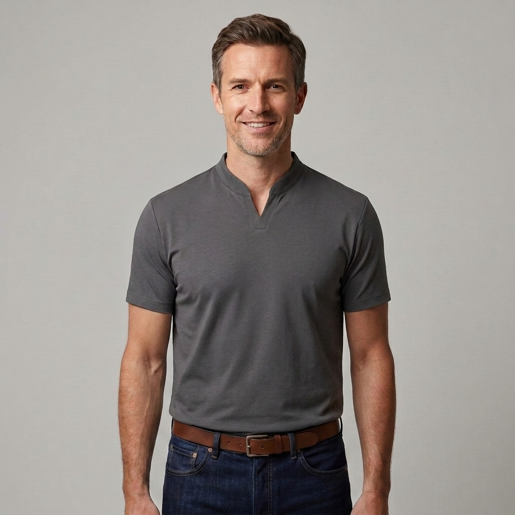 Upper body view highlighting the open V neck design and fitted silhouette of the men's T-shirt