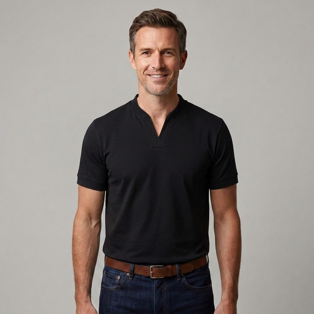 Men's fitted knit T-shirt with a modern open V neckline and clean minimalist styling