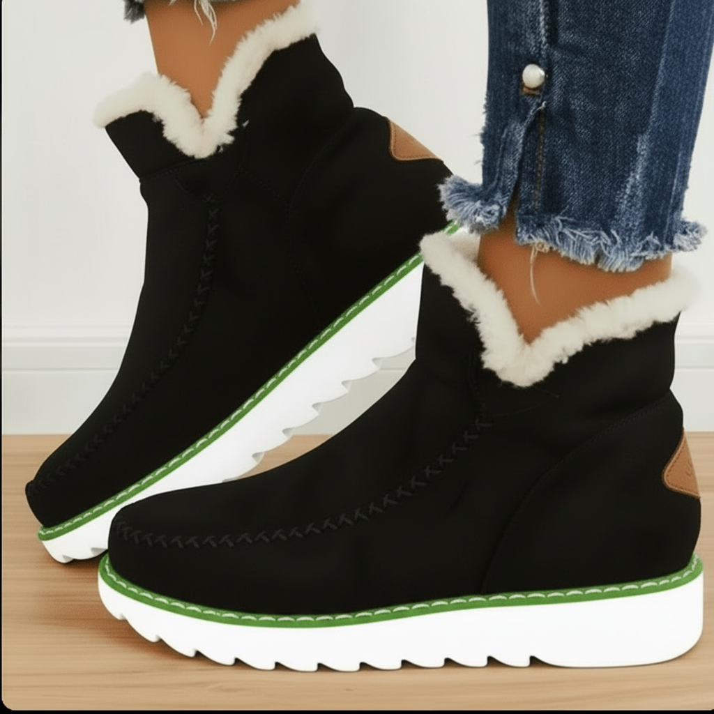 Faux fur lined ankle boots with pull-on design and textured rubber sole.