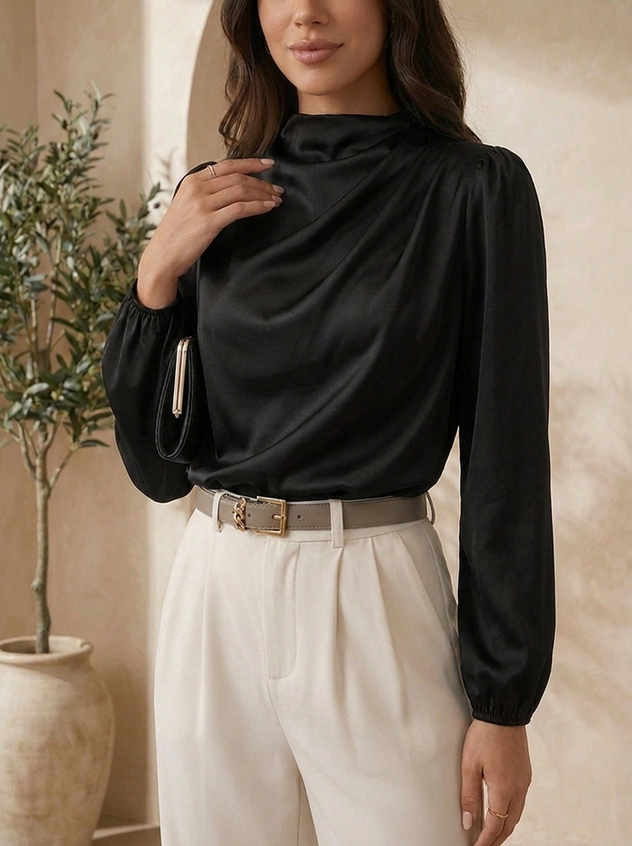 Black mock neck blouse for women close-up view