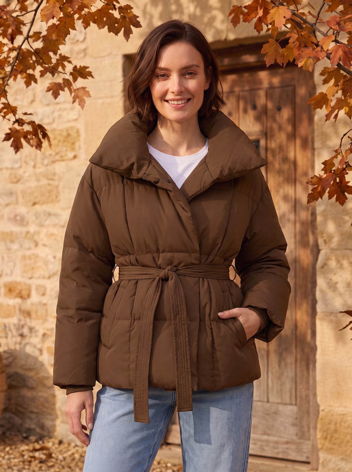 Women's long sleeve belted puffer jacket