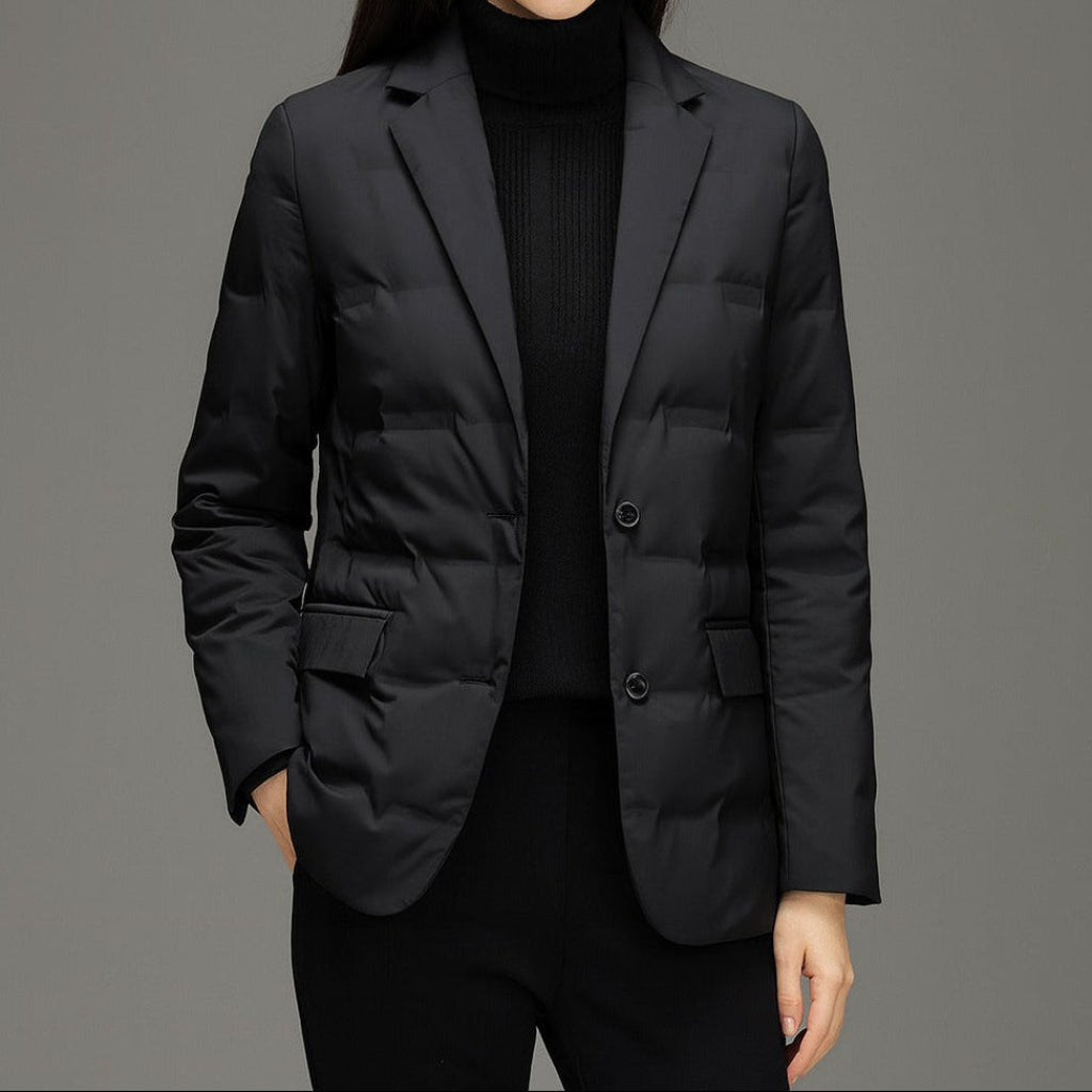 Structured blazer highlighting notched lapel and front fastening for women