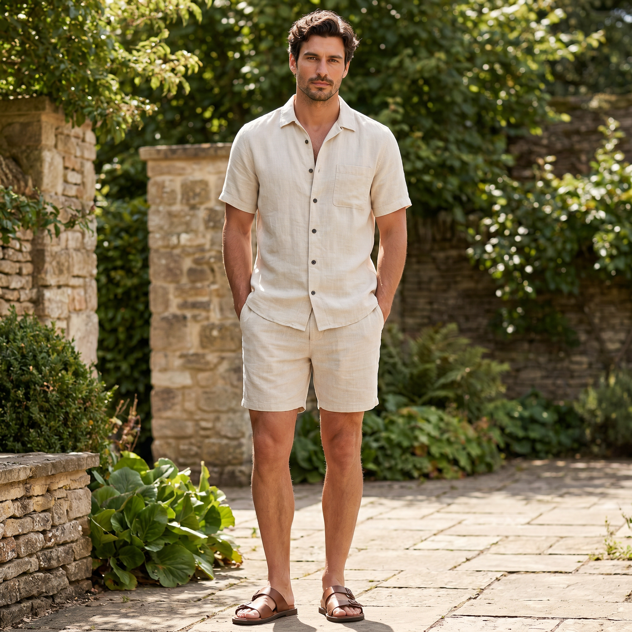Men's relaxed-fit two-piece set in off white with short-sleeve button shirt and matching full-length trousers