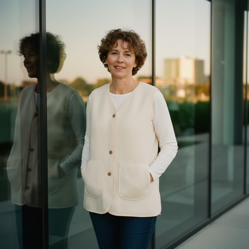 Fleece fabric vest with button front and patch pockets in a relaxed women’s style