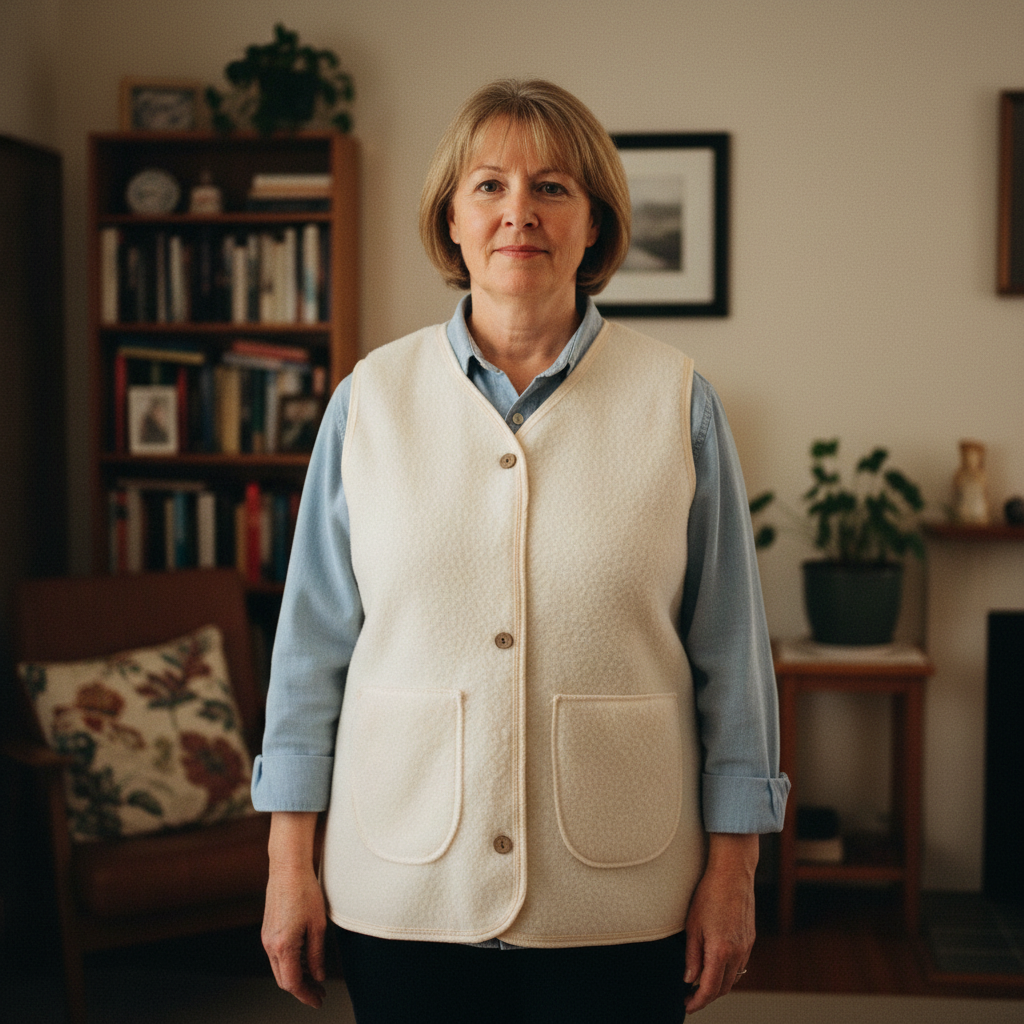 Fleece fabric sleeveless vest featuring button fastening and straight cut for women