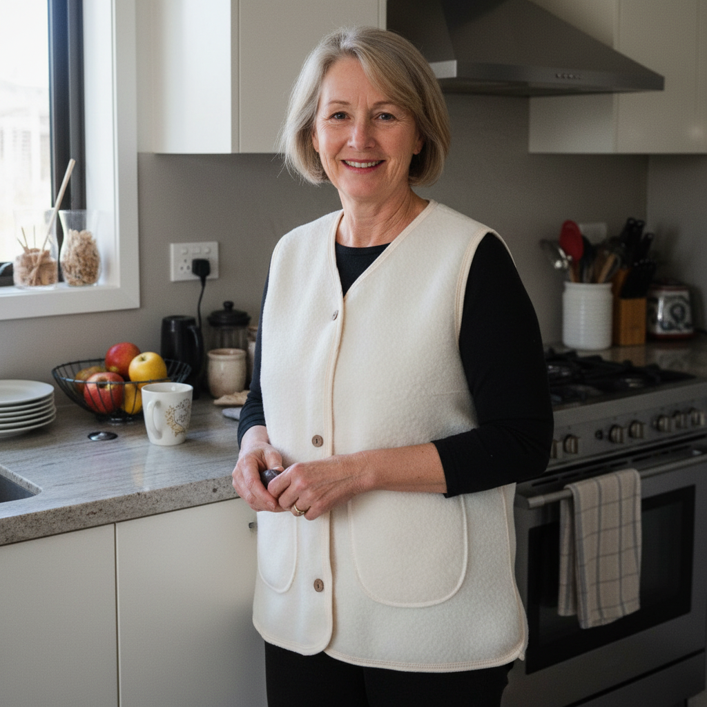 Fleece fabric women’s vest with front buttons and two patch pockets