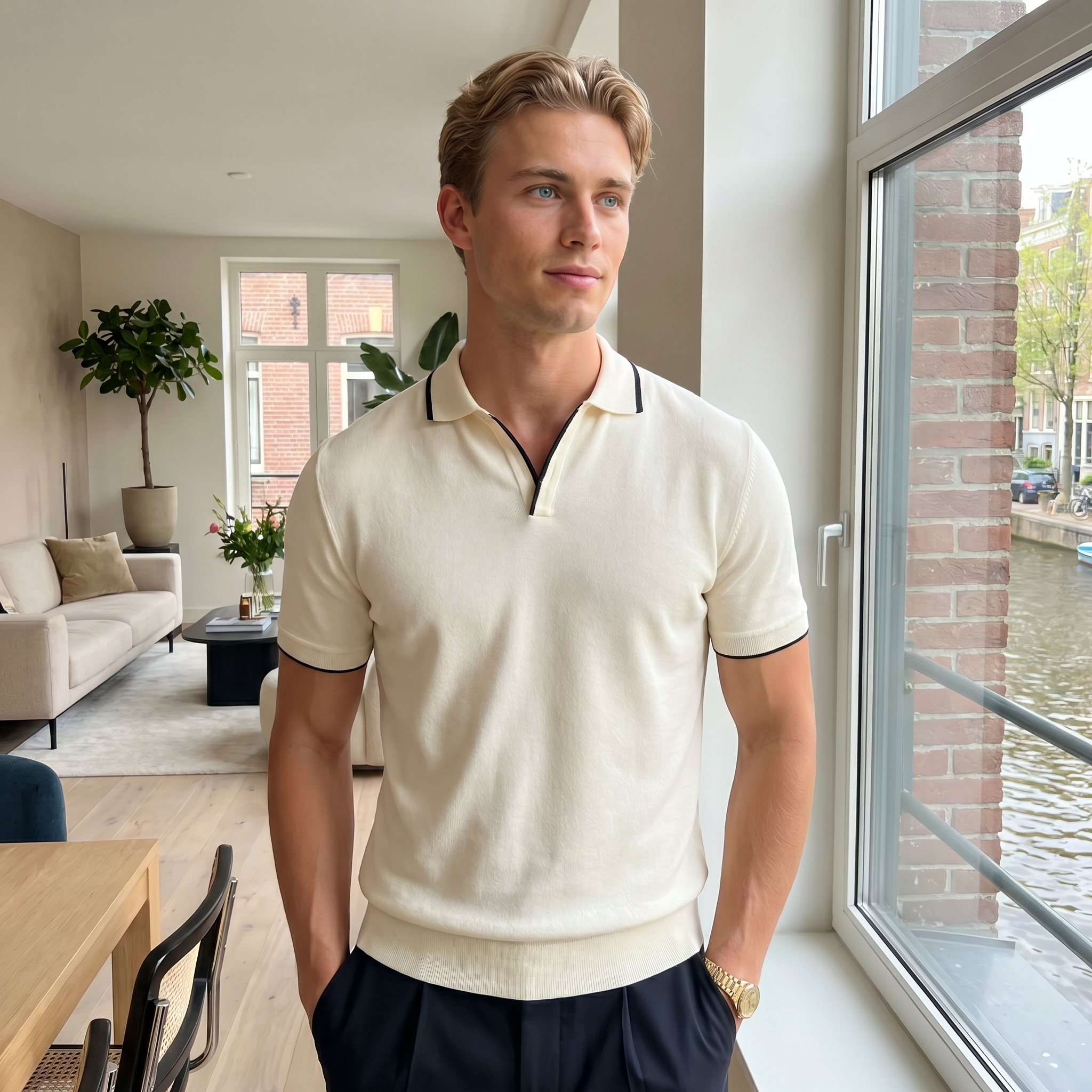 Ribbed hem detail on men's polo shirt