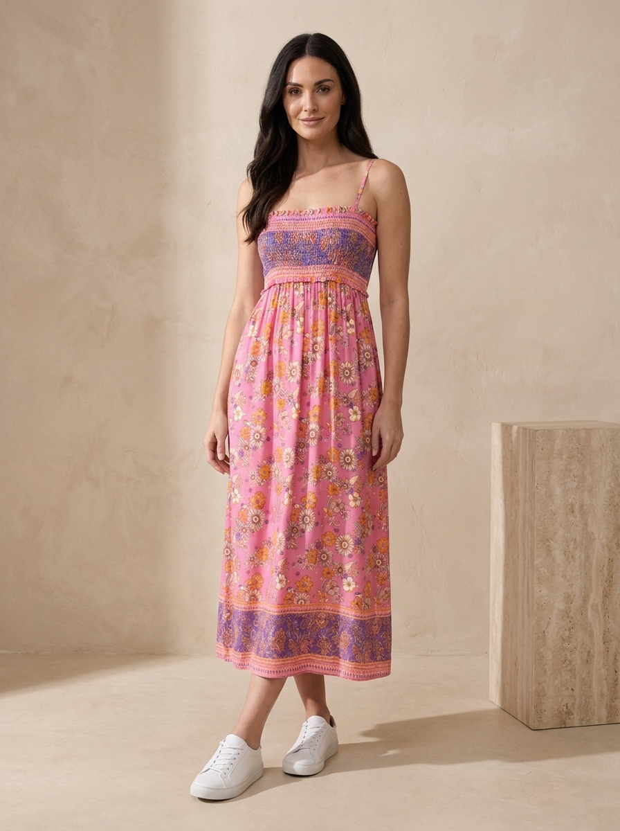 Women's floral dress with a tiered maxi skirt