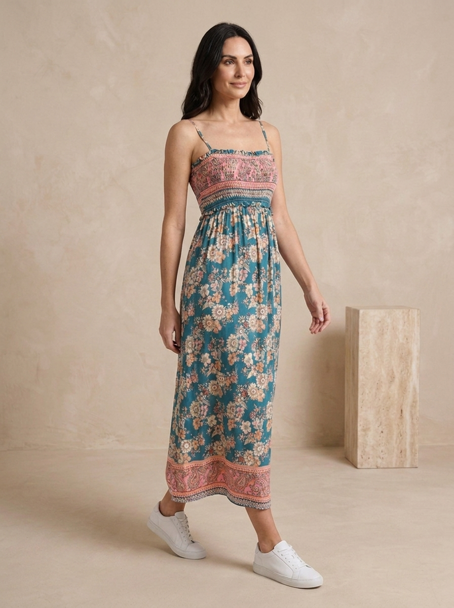 Floral smocked maxi dress with a flowing silhouette