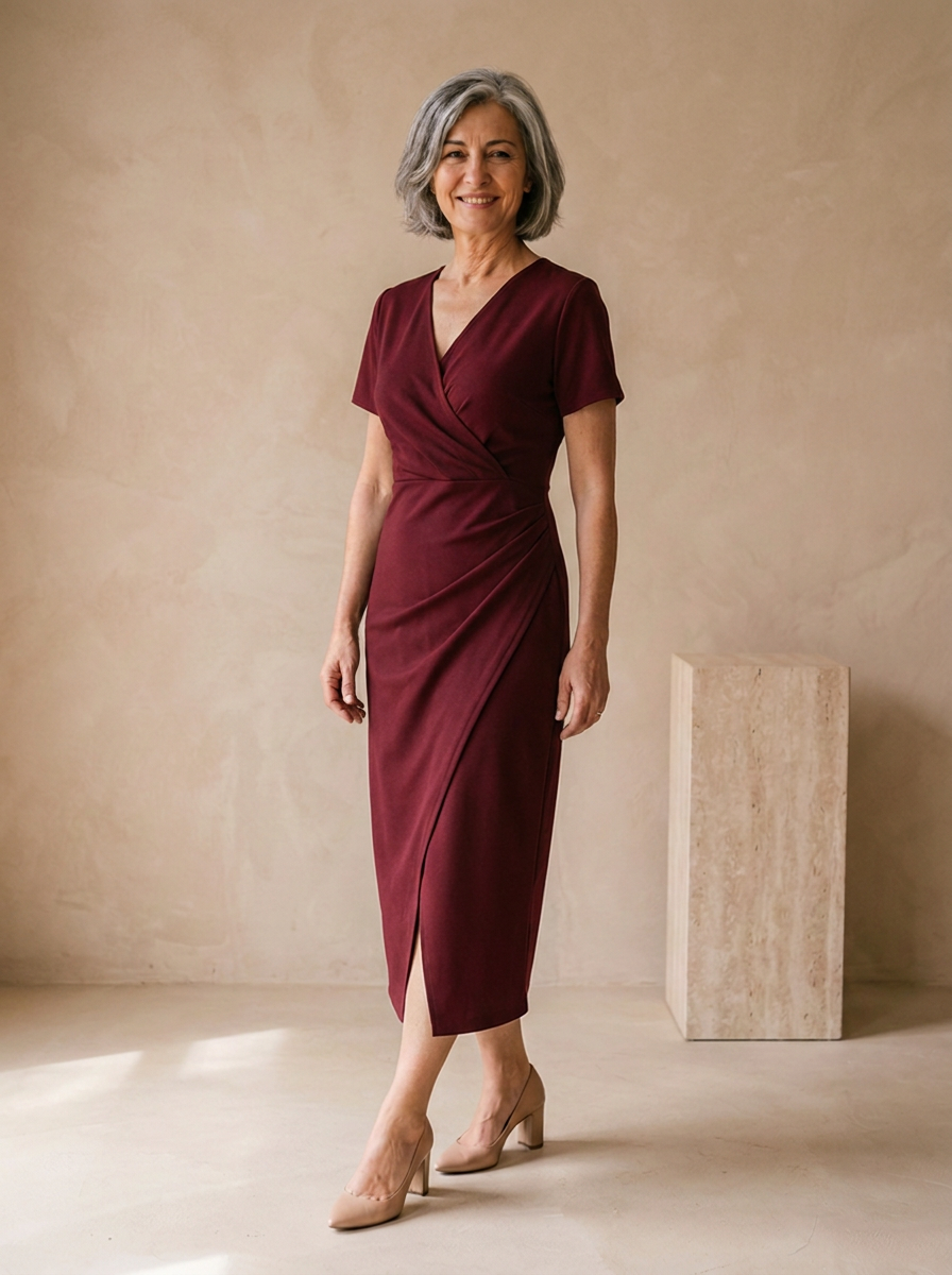 Midi dress with short sleeves and a wrap front