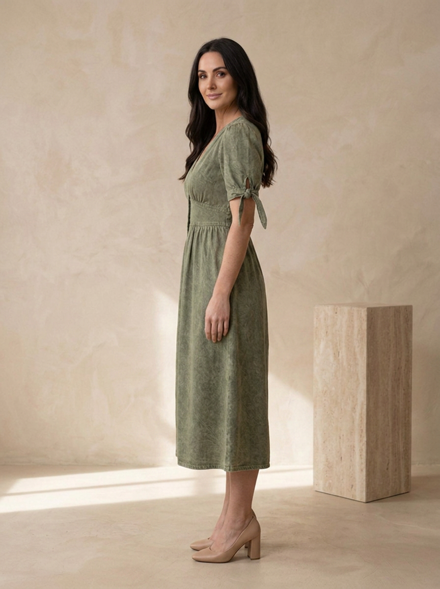 Casual denim midi dress with a V neckline