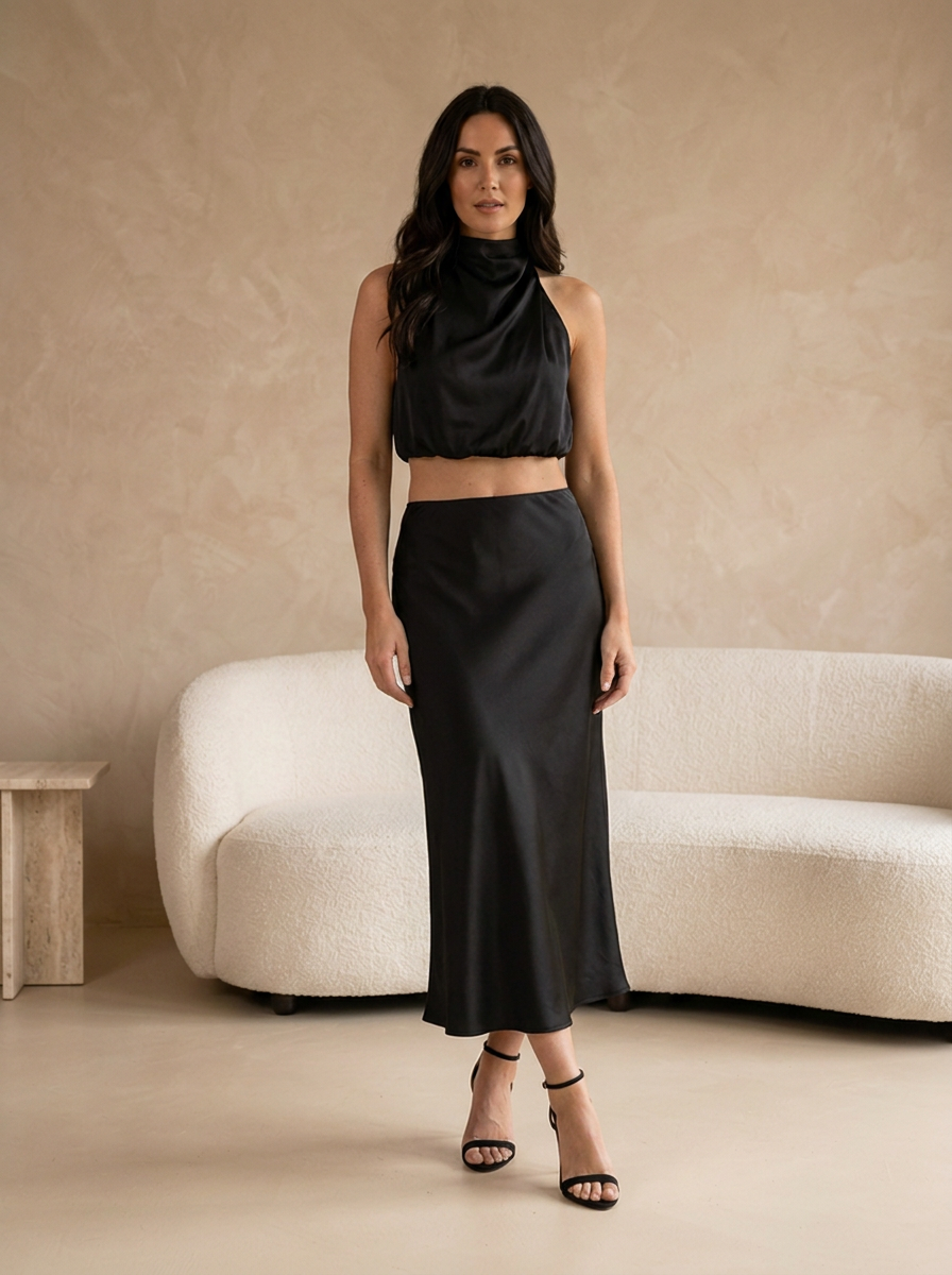 Women's two piece satin outfit for evening events
