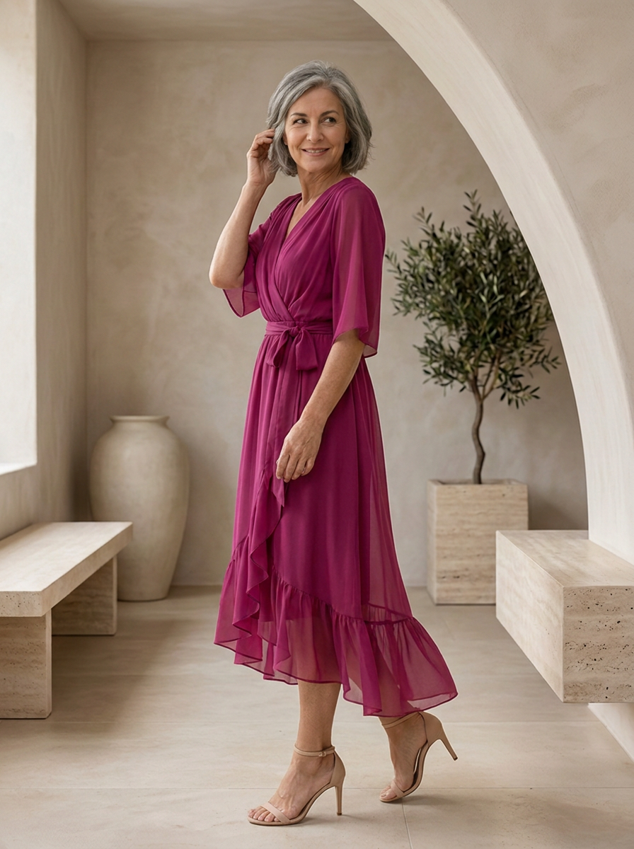 Flowing midi dress with a feminine V neckline