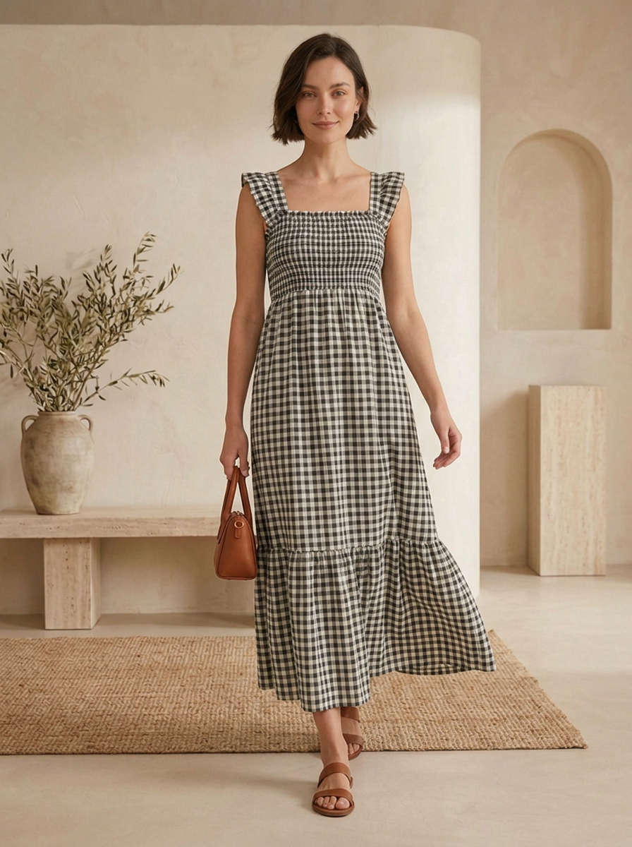 Elastic fit plaid dress for everyday wear