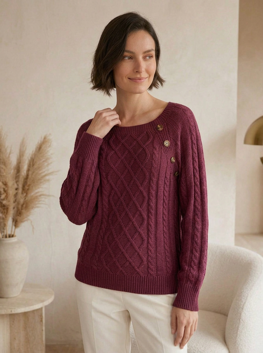 Round neck cable knit sweater for women