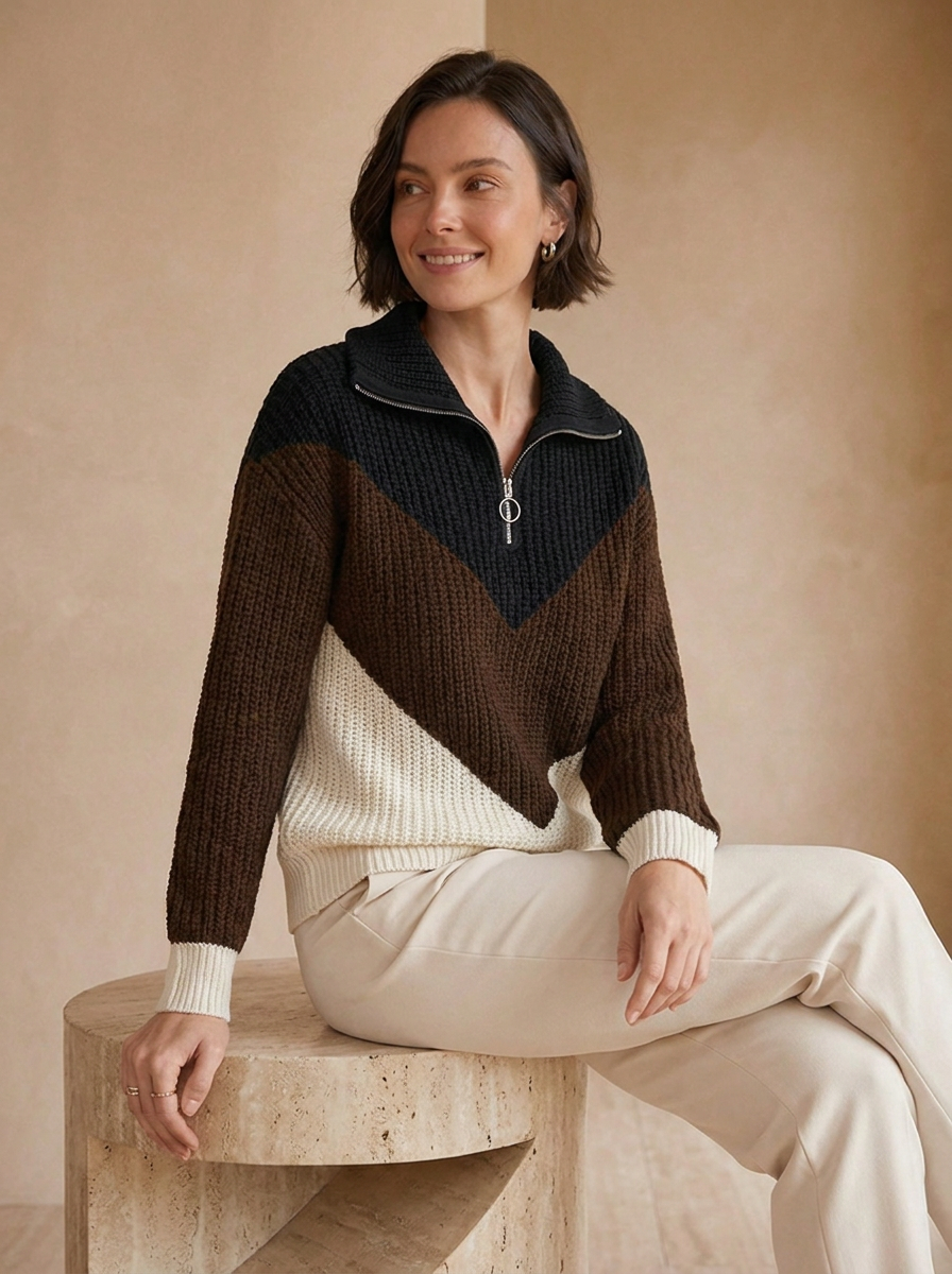 Women's contrast zip-up knit jumper