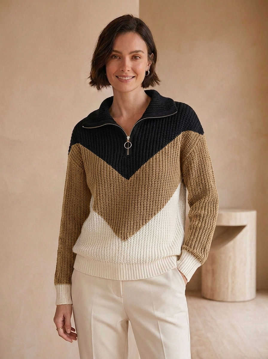 Contrast zip-up knit sweater women