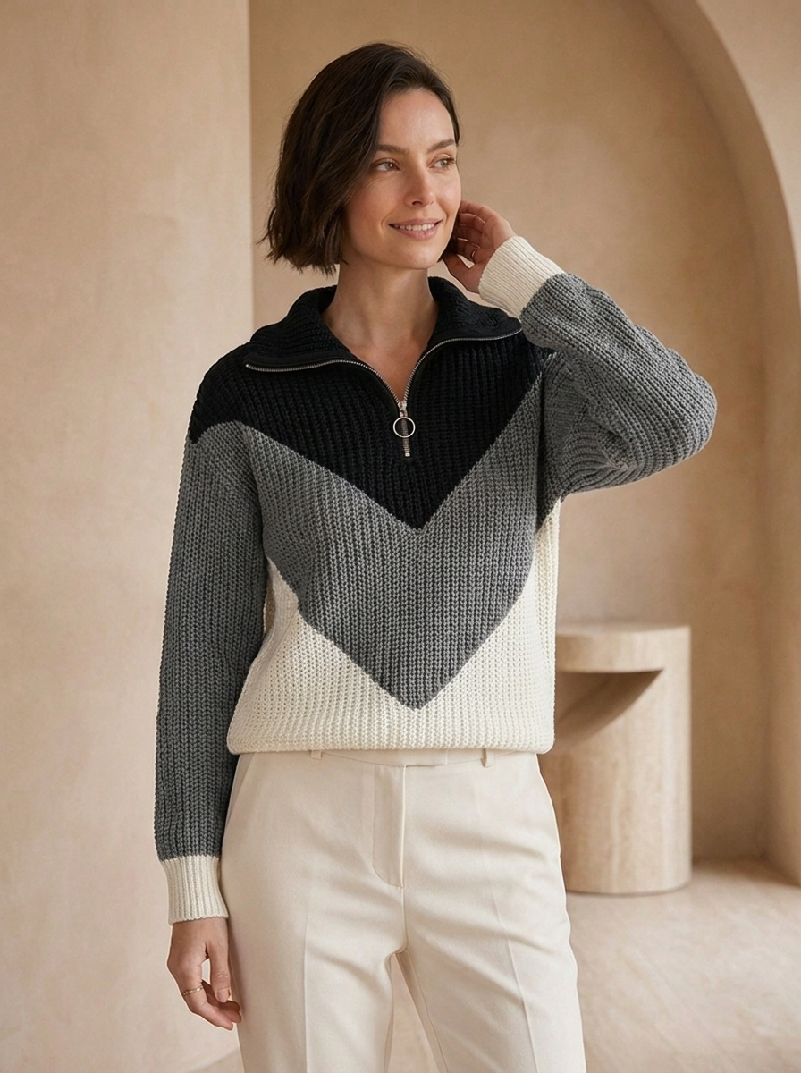 Knit sweater with contrast zipper