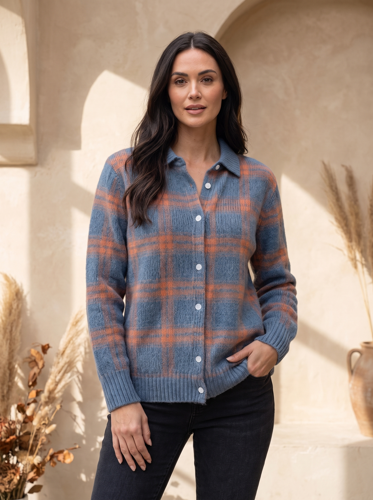 Wool knit shirt button women