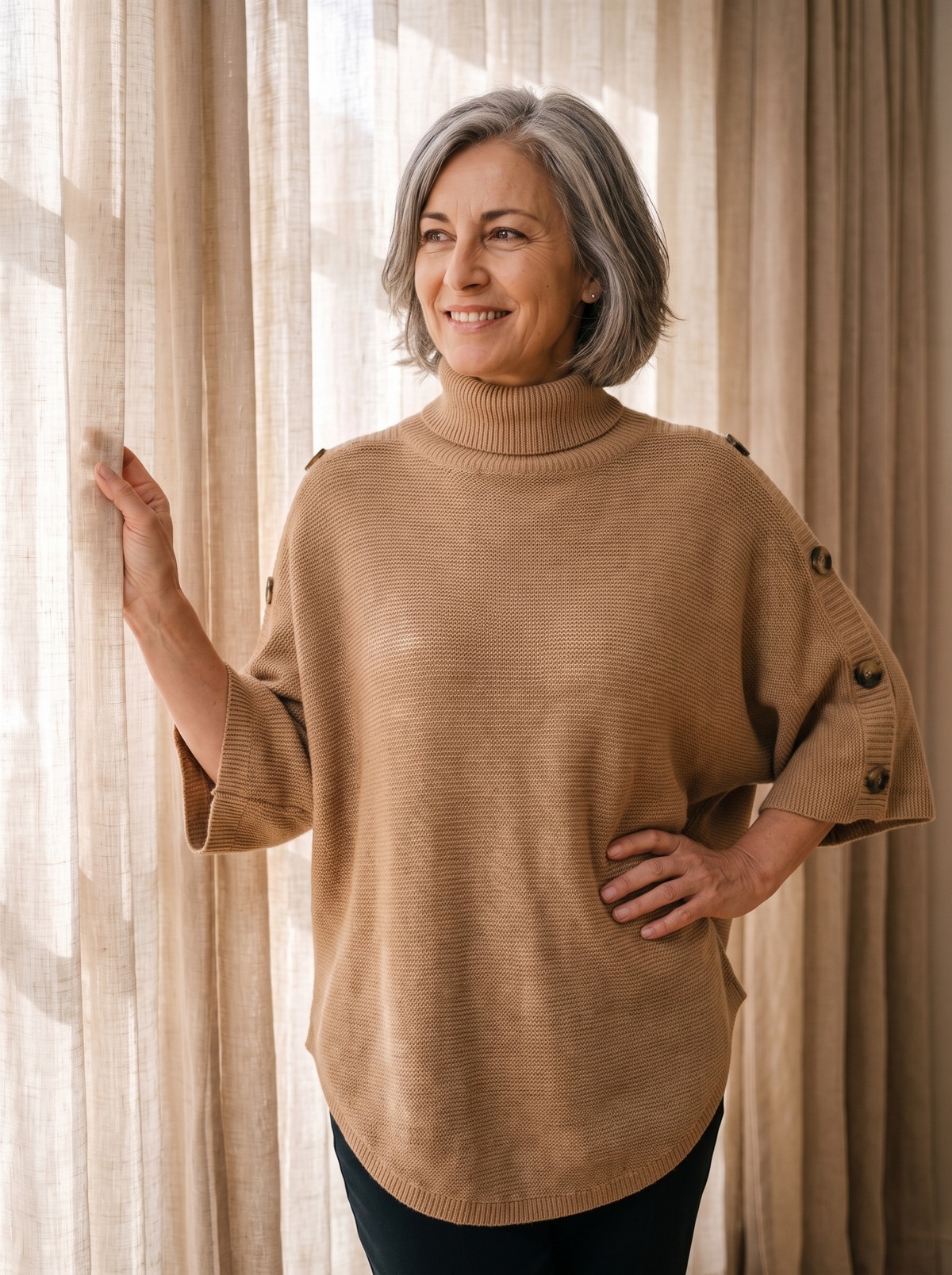 Women's cowl neck knit poncho