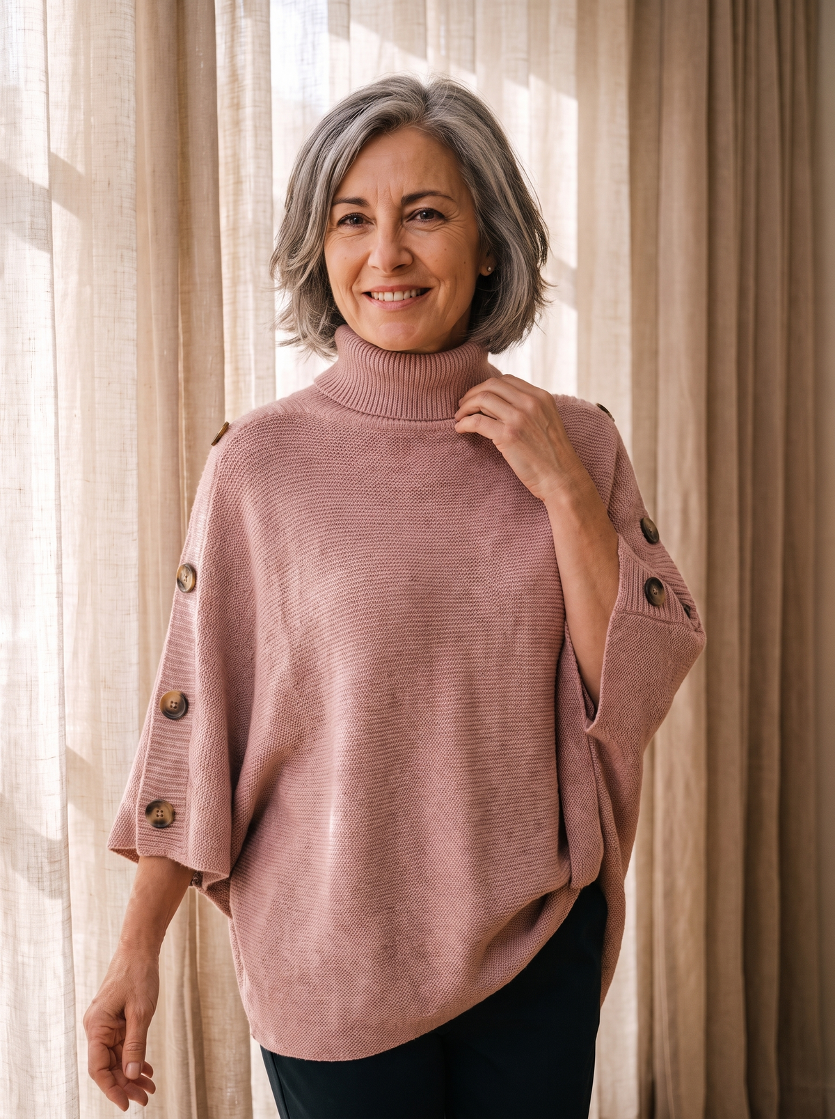 Women's side button knit poncho