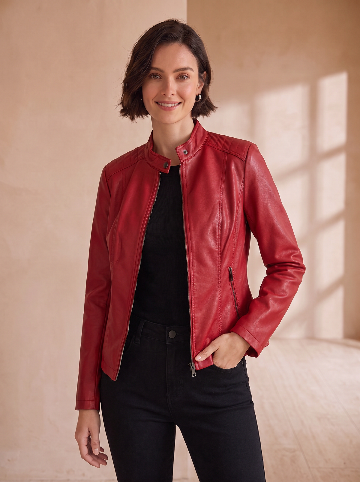 Women's fitted faux leather jacket