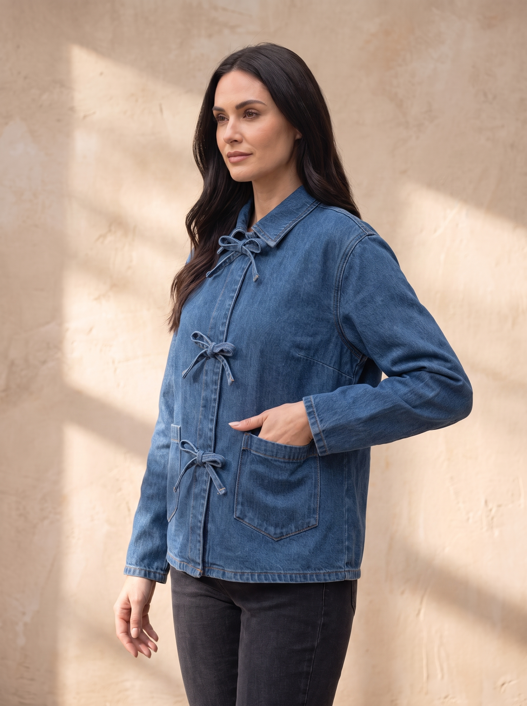 Cotton denim jacket with tie waist