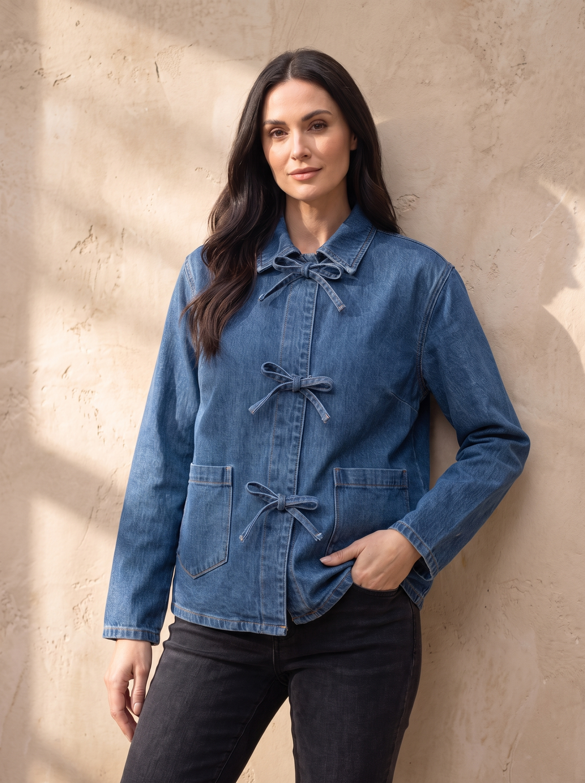 Denim tie waist jacket women