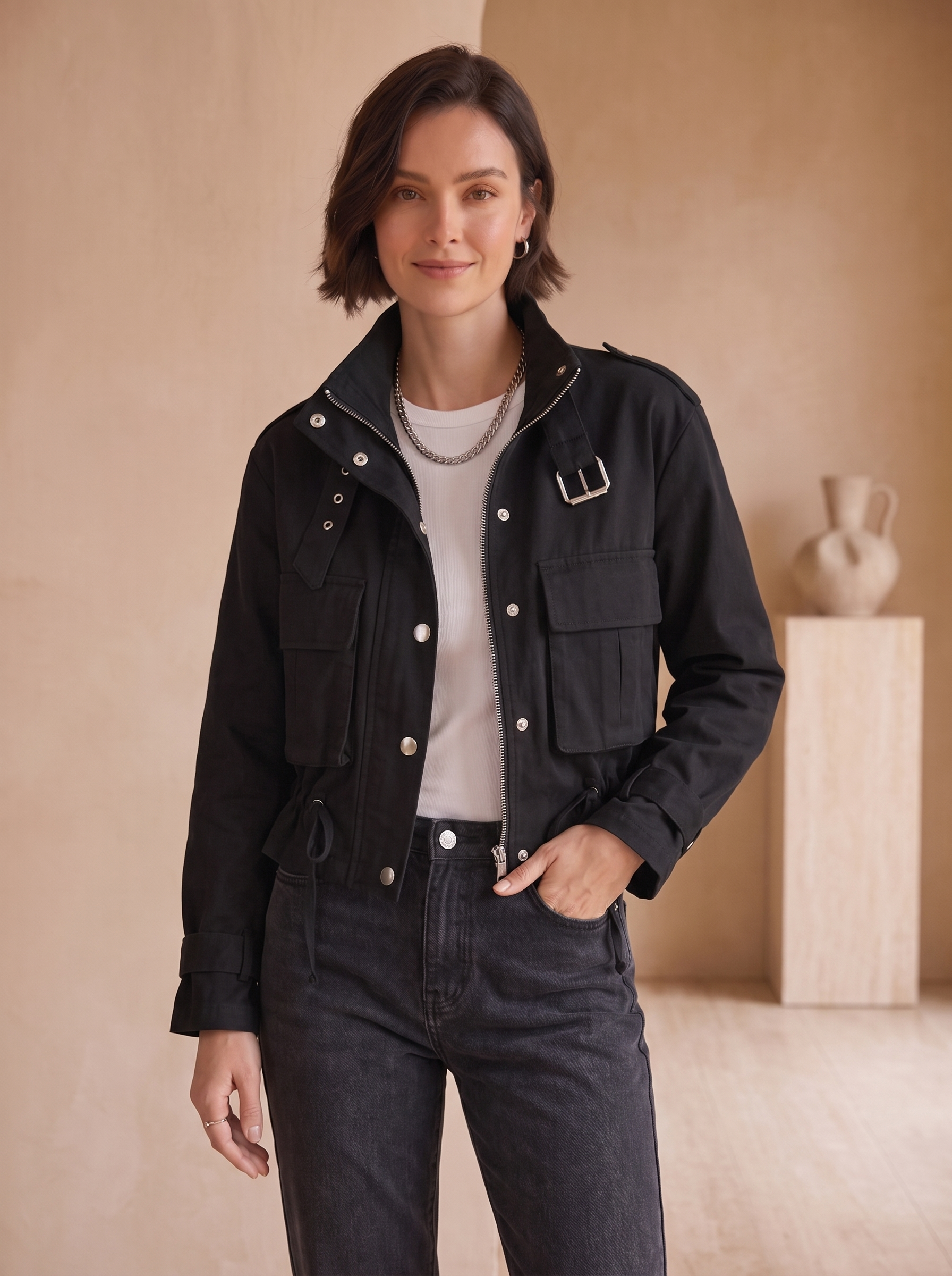 Cotton cropped utility jacket women