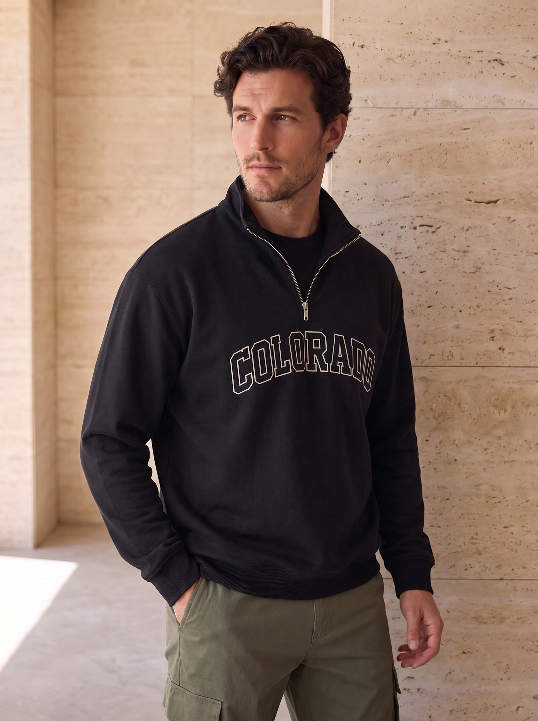 Cotton blend sweatshirt half zip relaxed fit men