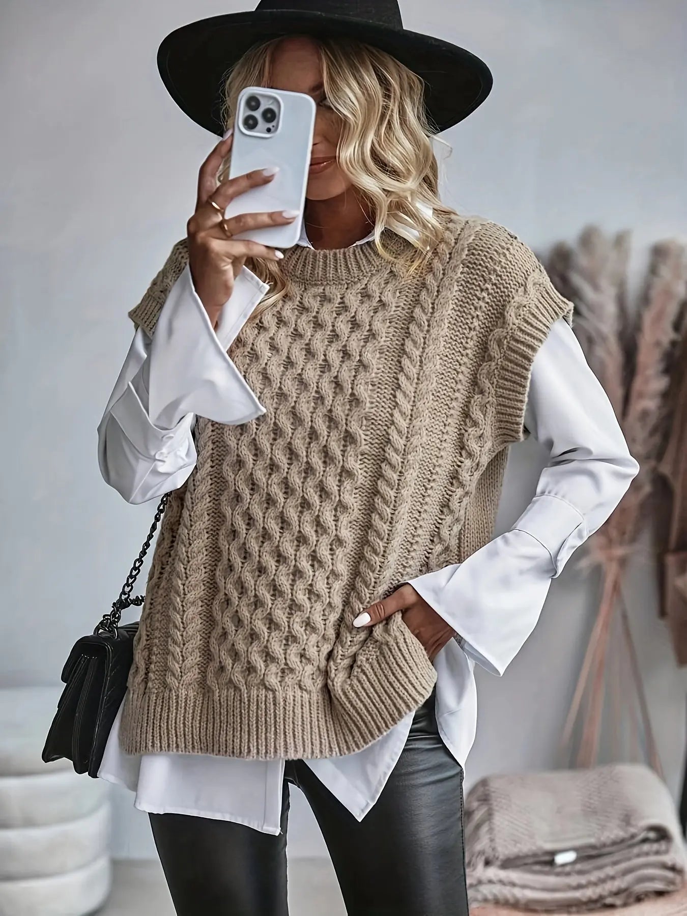 wool blend jumper with relaxed fit shown from front view on plain background