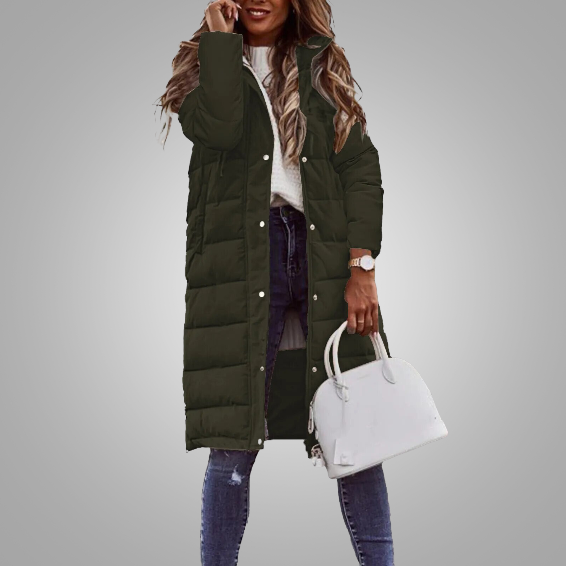 long puffer jacket in regular fit displayed on white background full view