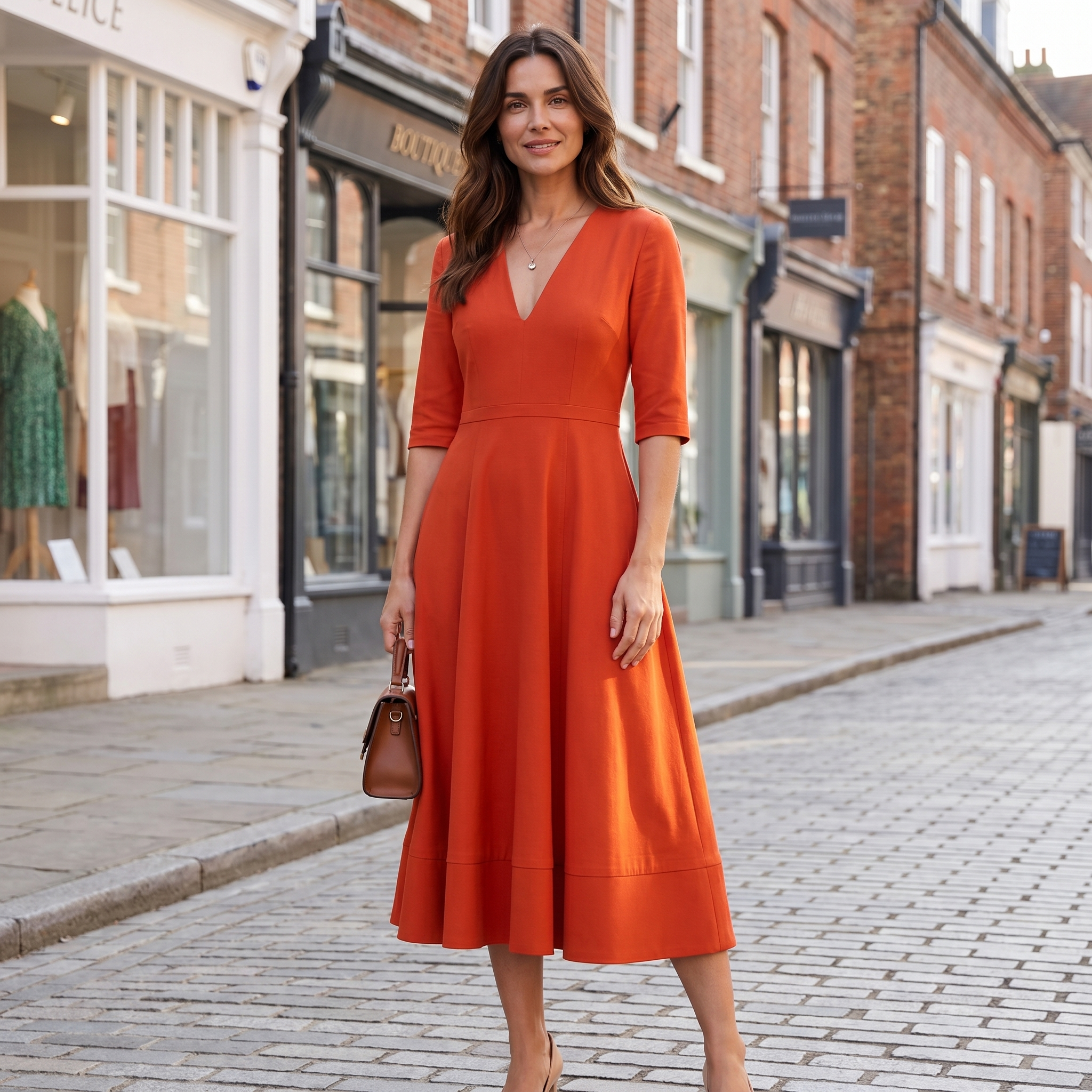 Women's orange flared midi dress with V-neckline and midi-length flared silhouette, front view