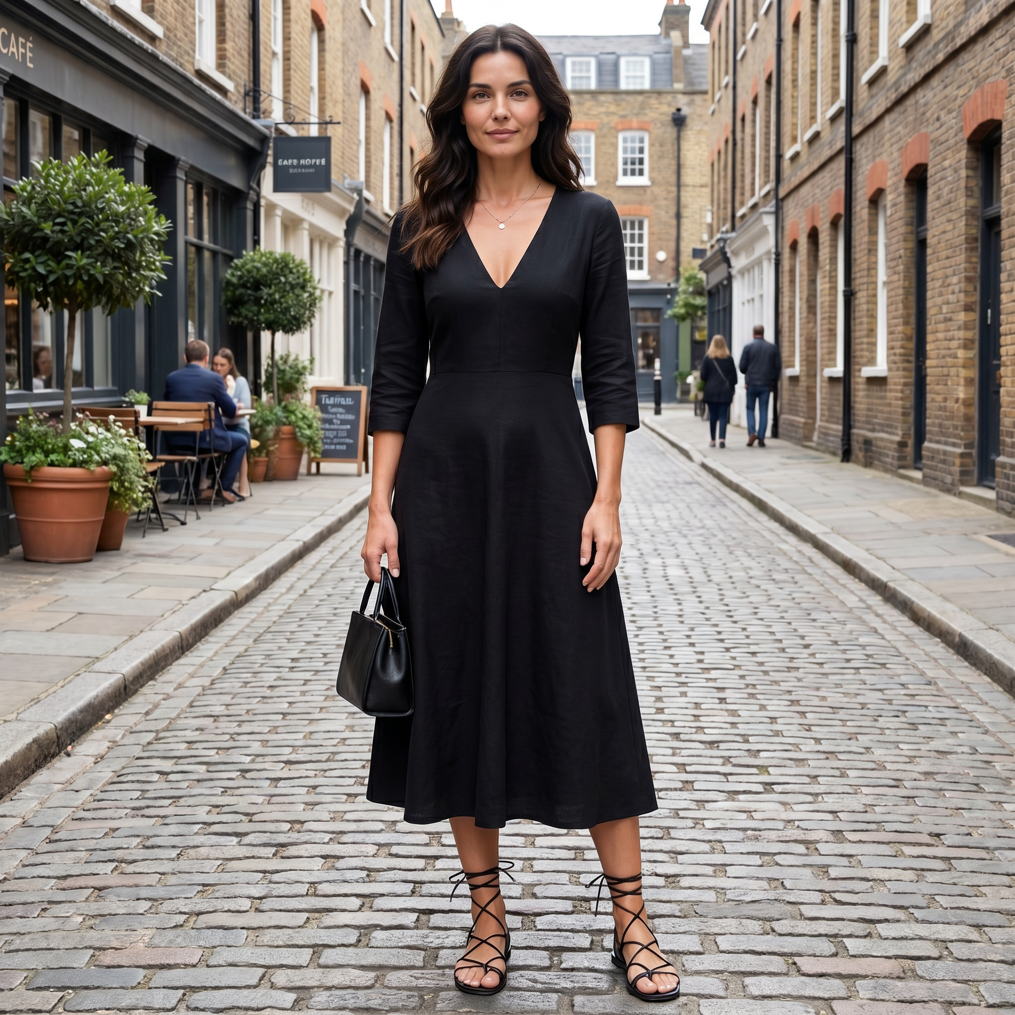 Women's black flared midi dress with V-neckline and midi-length flared silhouette, front view