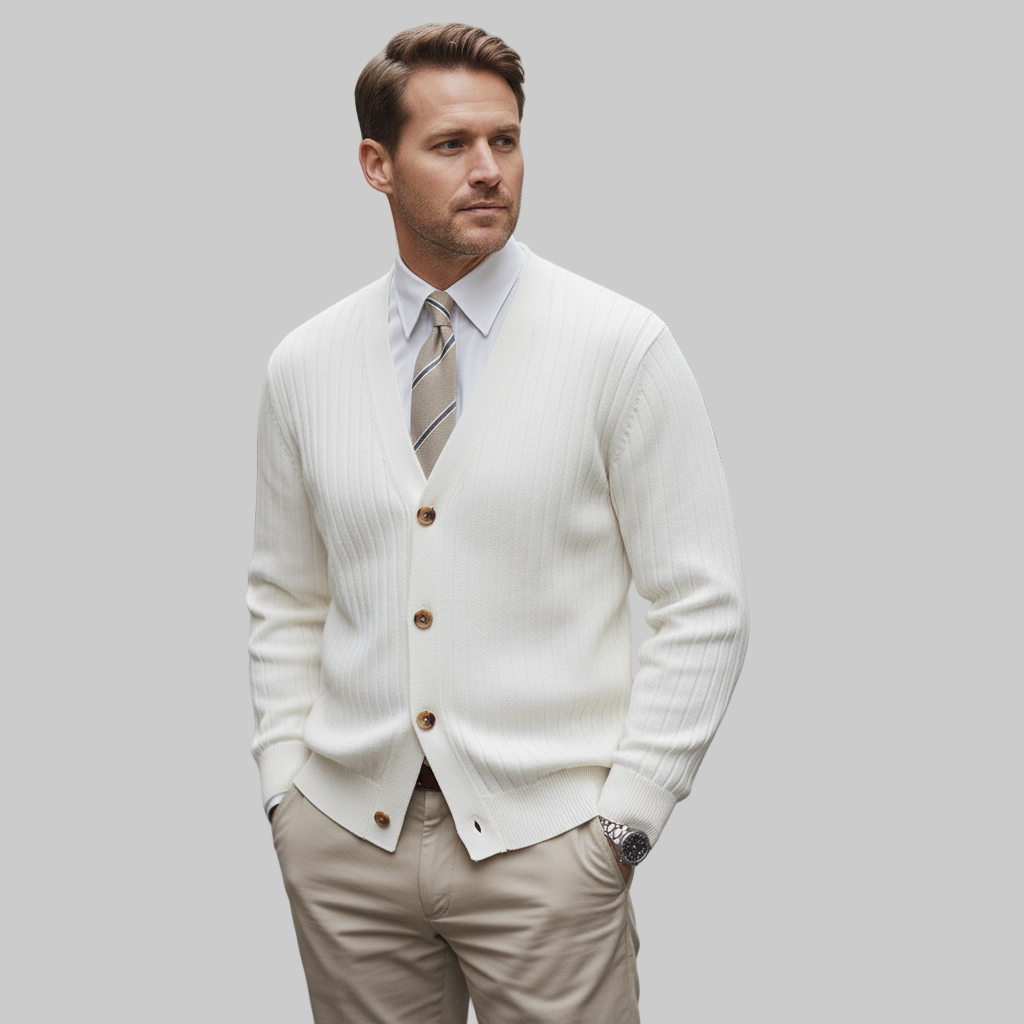 ribbed knit cardigan with button front closure and deep v neckline shown from front angle