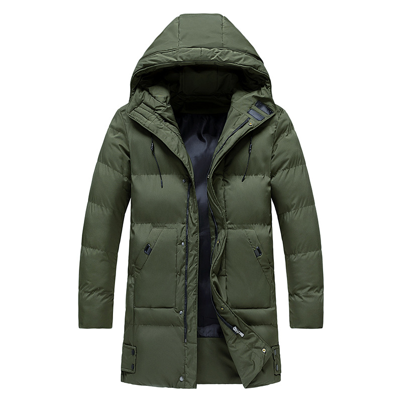 quilted puffer coat with extended length shown at three quarter angle
