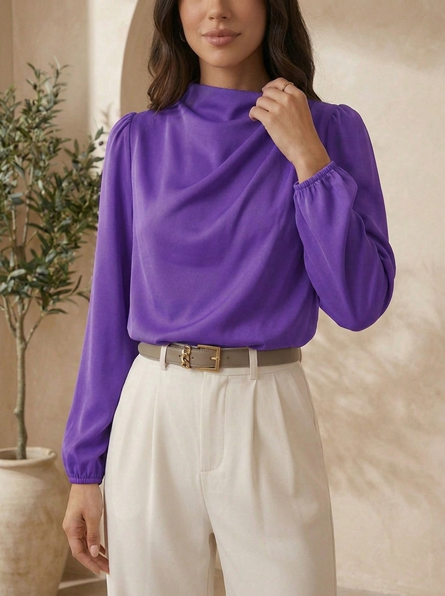 Purple mock neck blouse for women close-up view