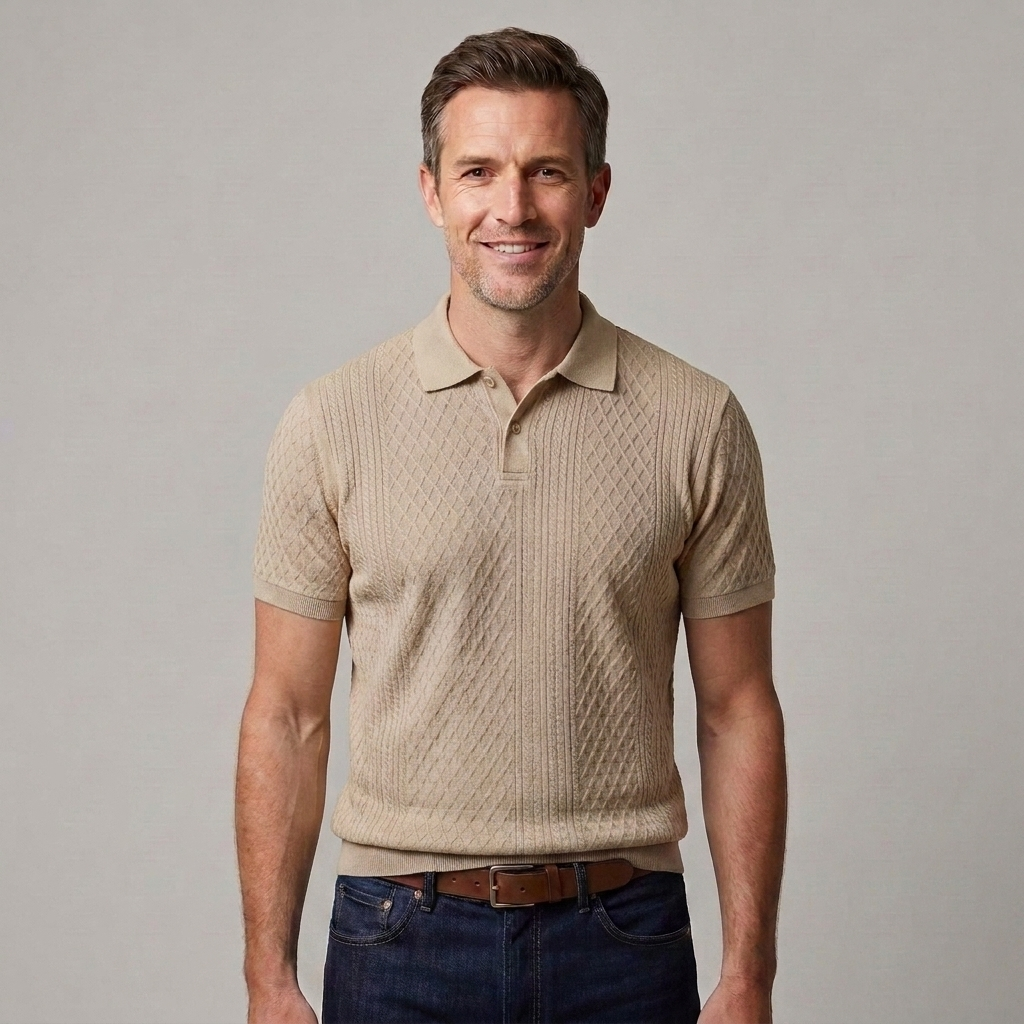 Detailed view of the contrast piping around the polo collar and sleeve cuffs on a ribbed knit shirt