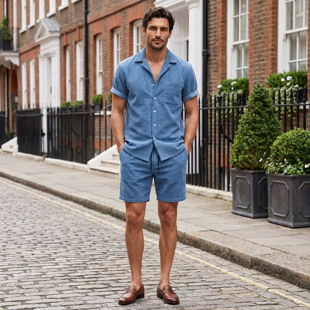 Men's blue two-piece shirt and shorts set with short sleeves and button fastening, relaxed fit