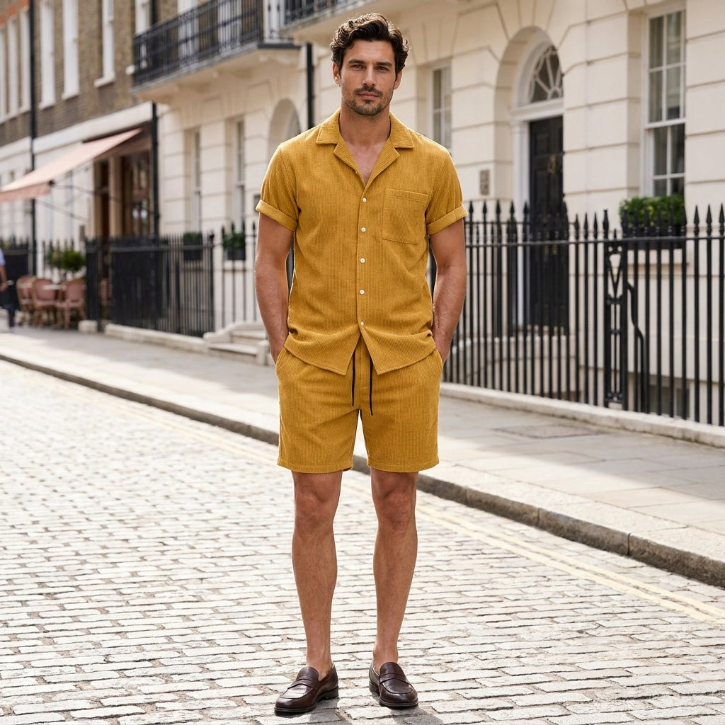 Men's yellow two-piece summer set with matching shirt and shorts, casual relaxed fit