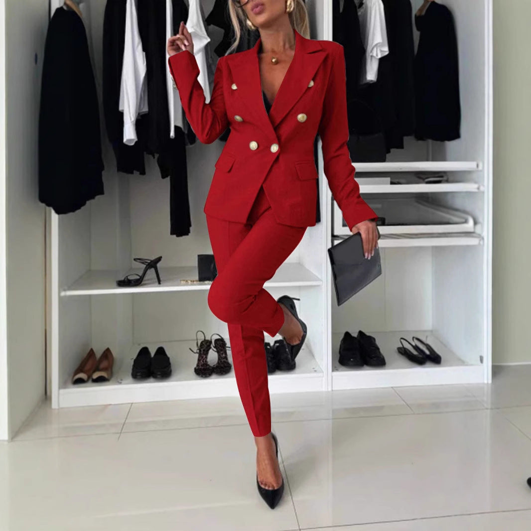 Woven blazer and trousers set with double-breasted front and straight-leg fit for women