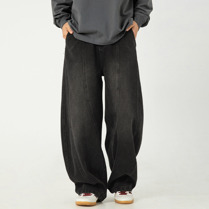 Men's cotton cargo trousers detail view showing button and zipper fastening