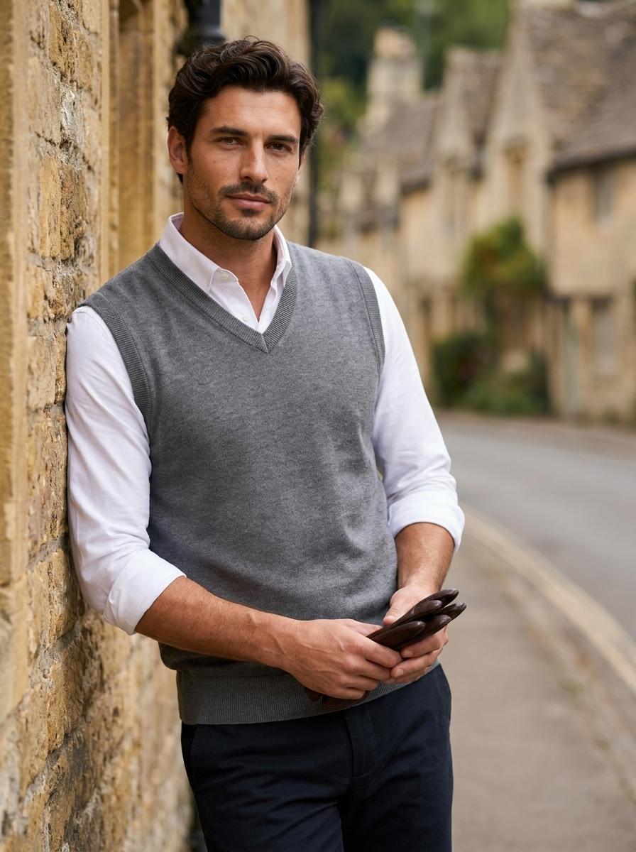 Men's gray cotton V-neck knit sweater with long sleeves shown in a casual everyday style